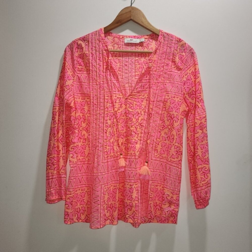 Vineyard Vines Tortola Scarf Print Pleated Top Vibrant Pink Size S